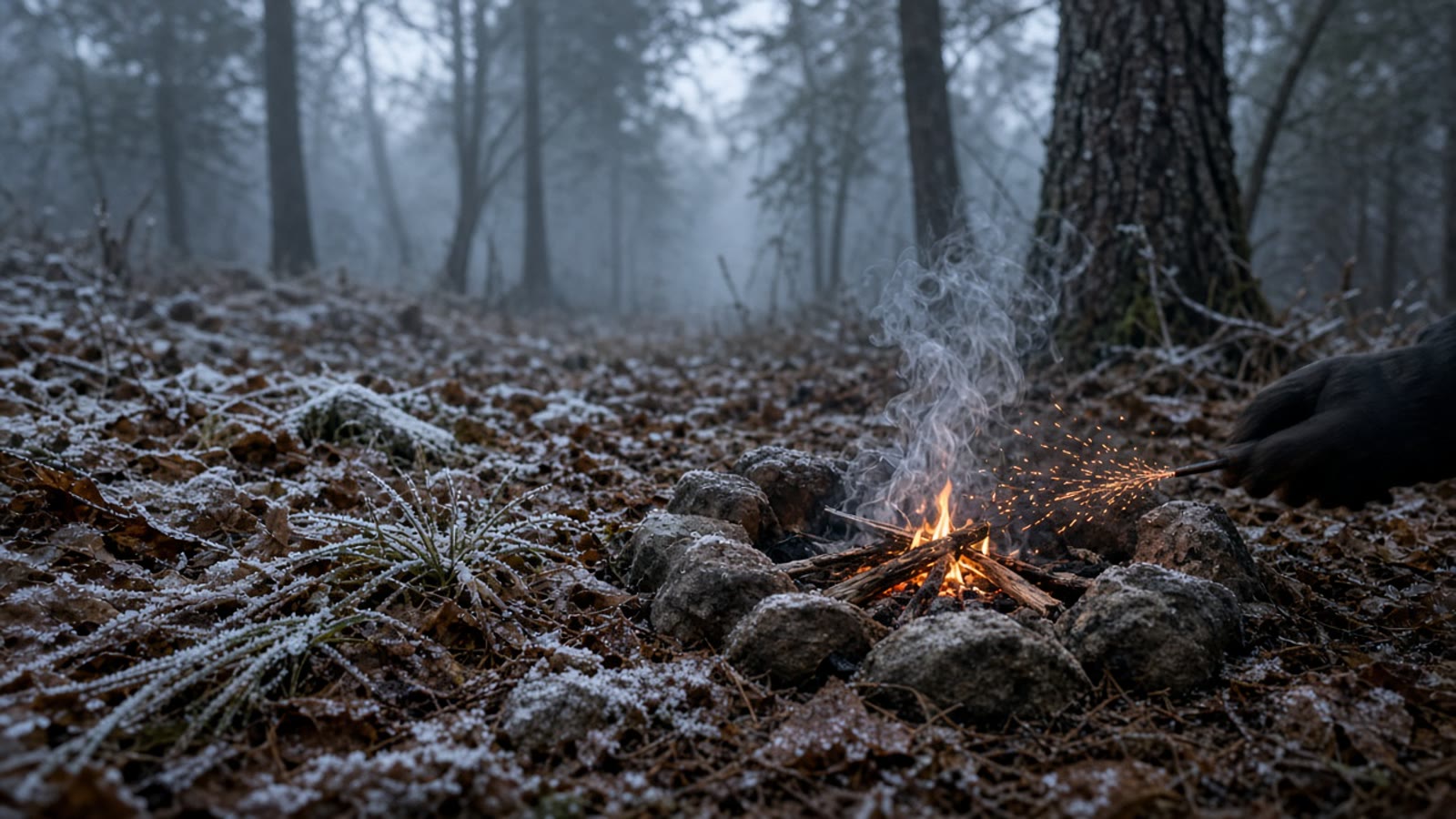 A small campfire catching in a stone ring on a frosted September morning