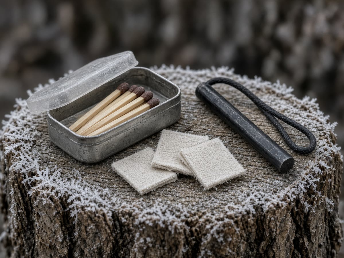 A ferro rod, waterproof matches, and tinder tabs on a frosted stump. Dry tinder is the kit. The spark is the practice.