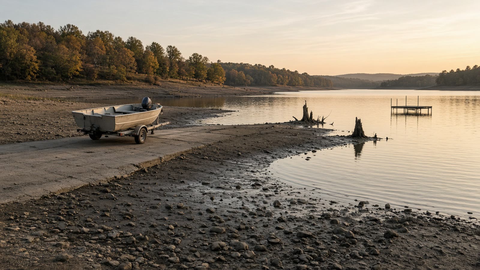 A drawn-down fall reservoir with exposed mud shoreline and timber in the remaining pool at dusk