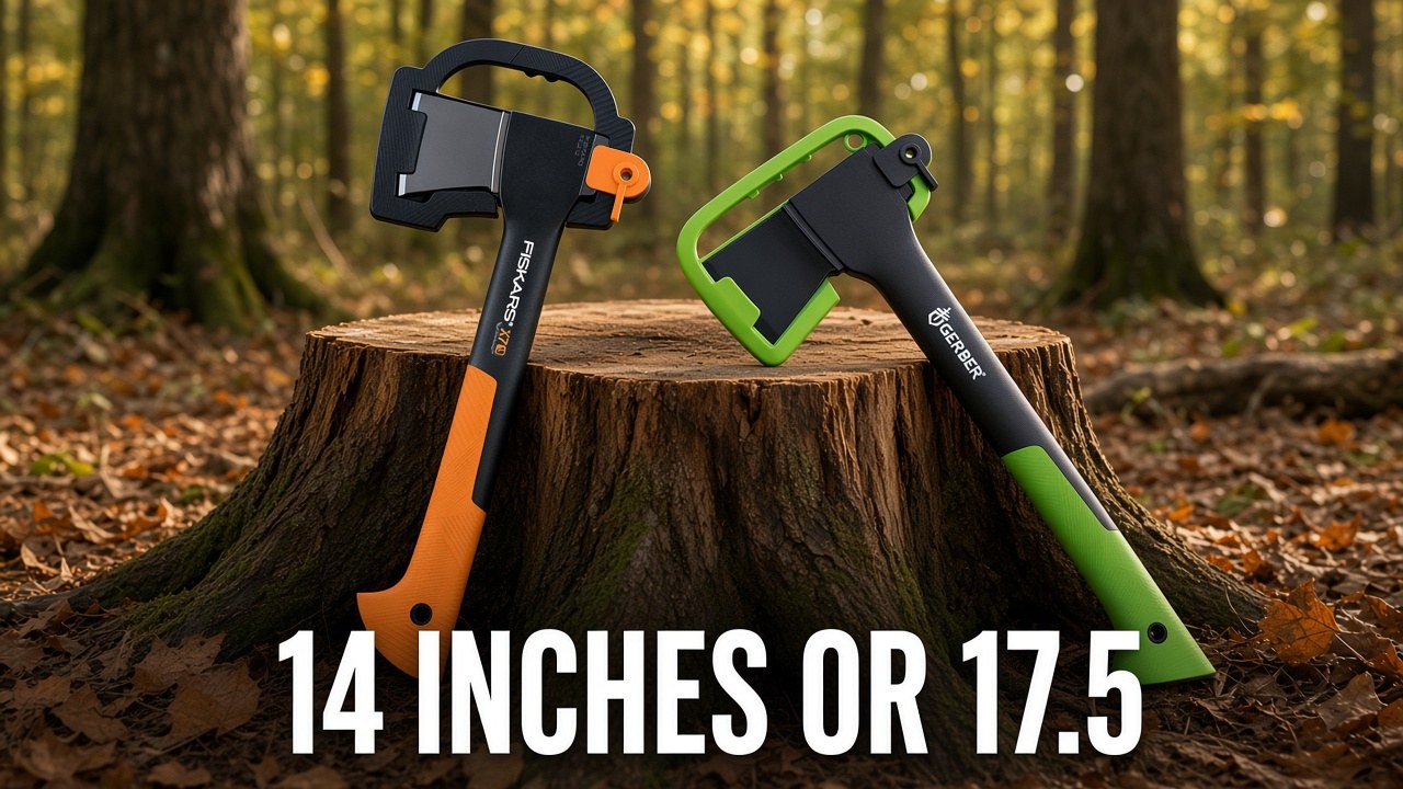 Fiskars X7 hatchet and Gerber Freescape camp axe on a magazine poster