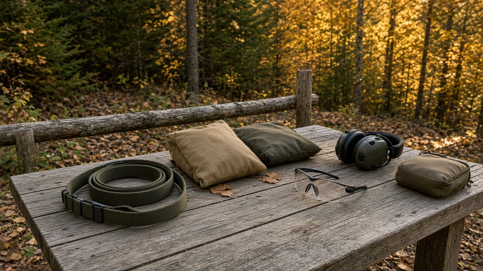 A two-point rifle sling, shooting bags, glasses, and muffs on an empty September range bench