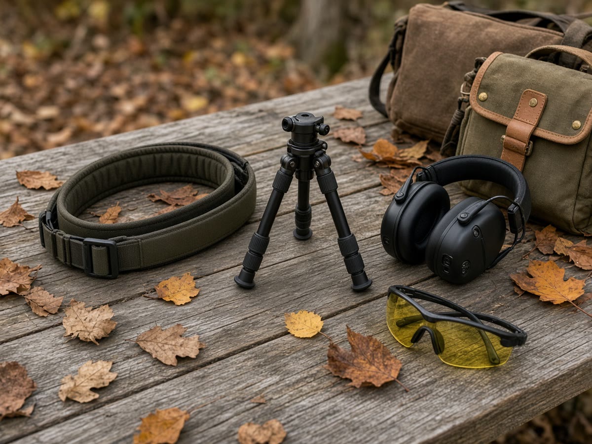 A sling, bags, glasses, and muffs on a September bench. The rifle is not in the photo. The carry is the kit.
