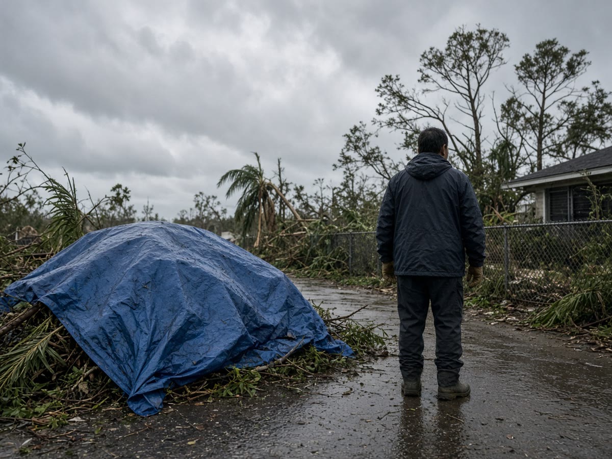 A tarp on the porch and a pile you can still walk around. Lines stay a utility call.