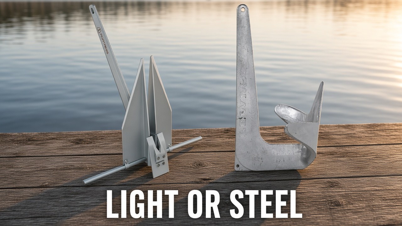 Fortress FX-7 anchor beside a small Lewmar galvanized claw