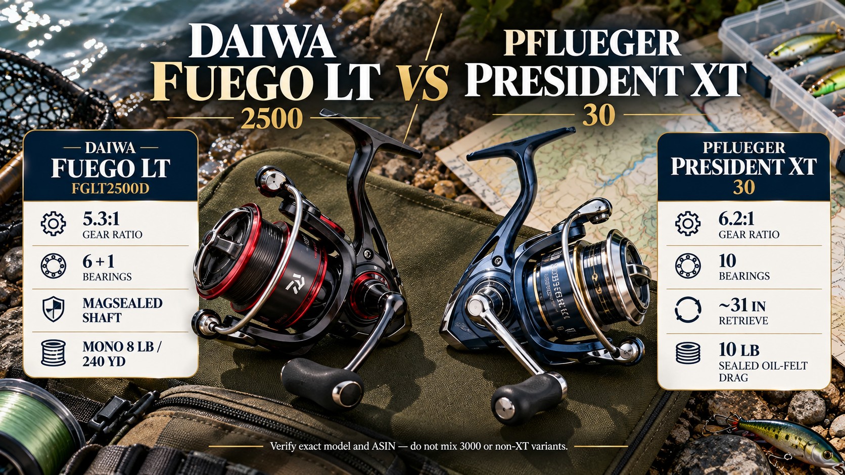 Daiwa Fuego LT 2500 vs Pflueger President XT 30 on a tactical gear bag over a topo map.