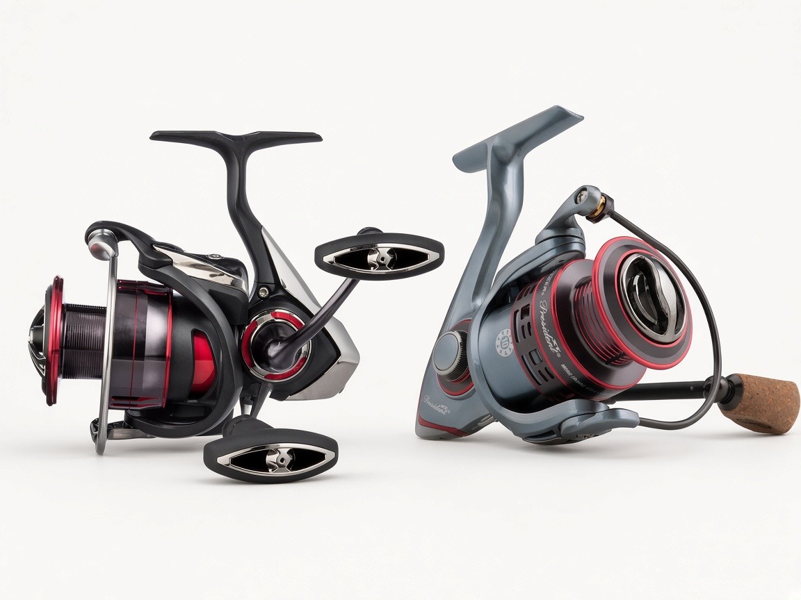 A Daiwa Fuego LT spinning reel and a Pflueger President XT spinning reel on a plain background