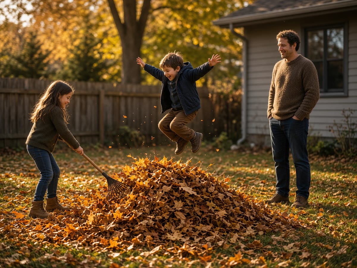 A raked maple pile, a kid mid-jump, a parent already grinning. That is the Saturday.