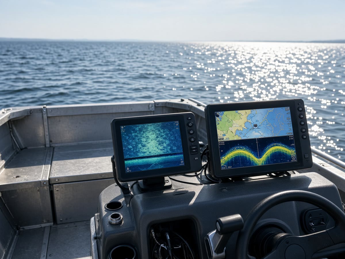 A sunlight-readable graph on a small-boat helm. The puck has to see water.