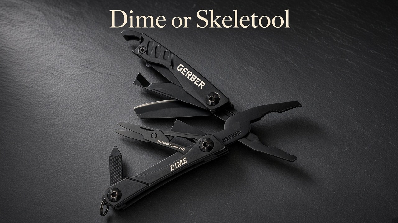 Black Gerber Dime multi-tool on a magazine cover with the headline Dime or Skeletool