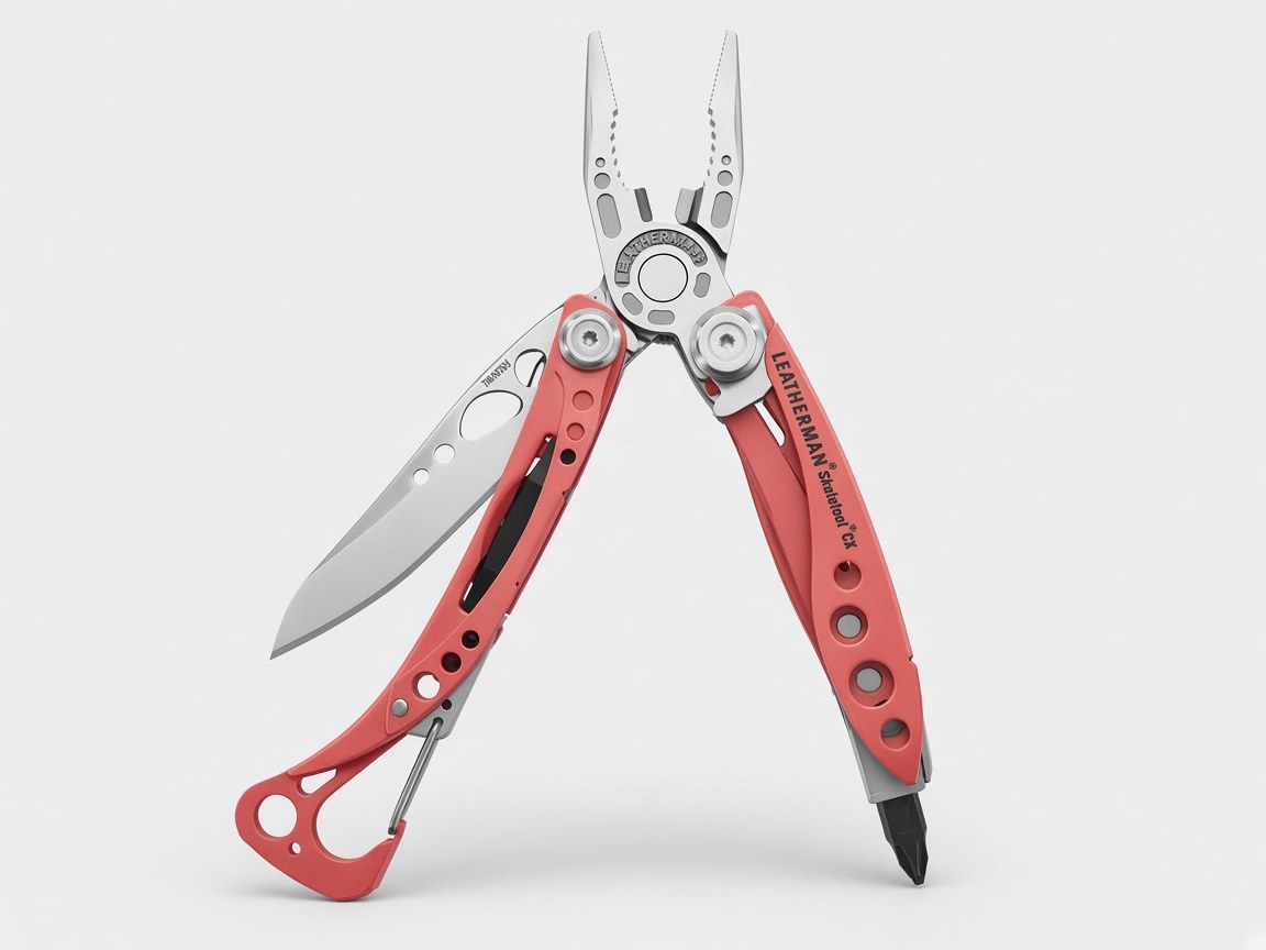Leatherman Skeletool CX with coral handles, pliers, a blade, a bit, and a carabiner.