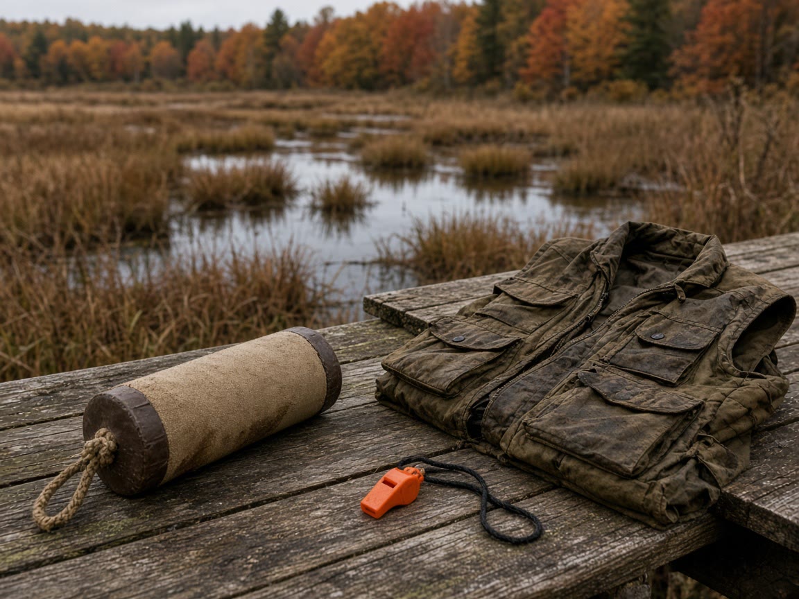A canvas dummy and an orange whistle on a dock. The sweater can wait.