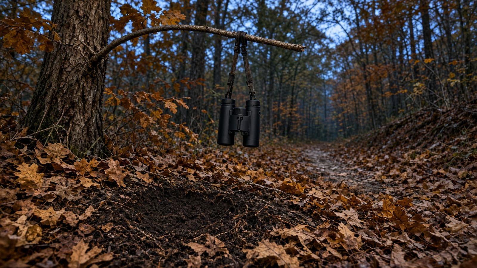 A fresh public-land scrape under a licking branch at equinox dusk, binoculars hanging from the branch