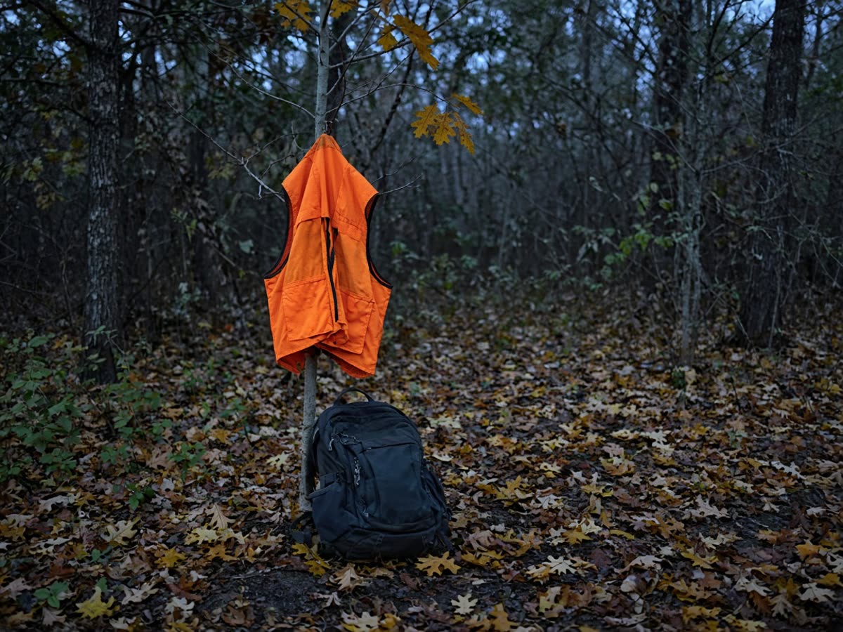 Equinox dusk on a public hardwood edge. The orange vest is the sit. The scrape is farther in.