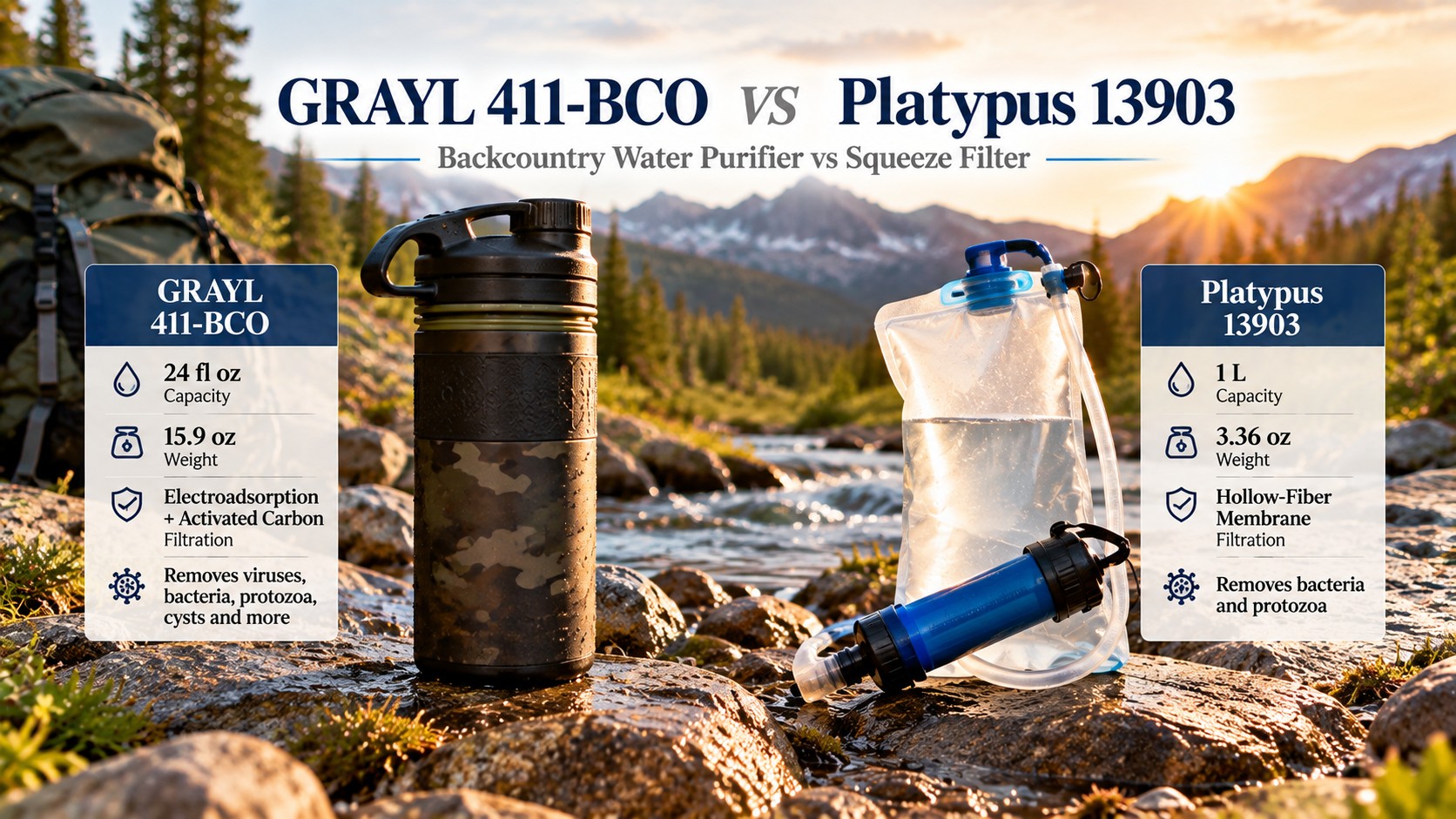 GRAYL 411-BCO and Platypus 13903 on a stream, magazine cover headline GRAYL 411-BCO vs Platypus 13903