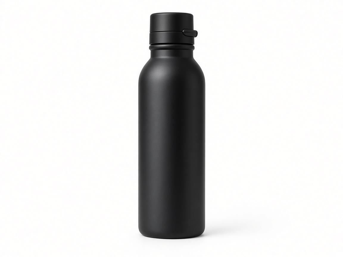 Black water bottle and a small filter pouch on a plain background.