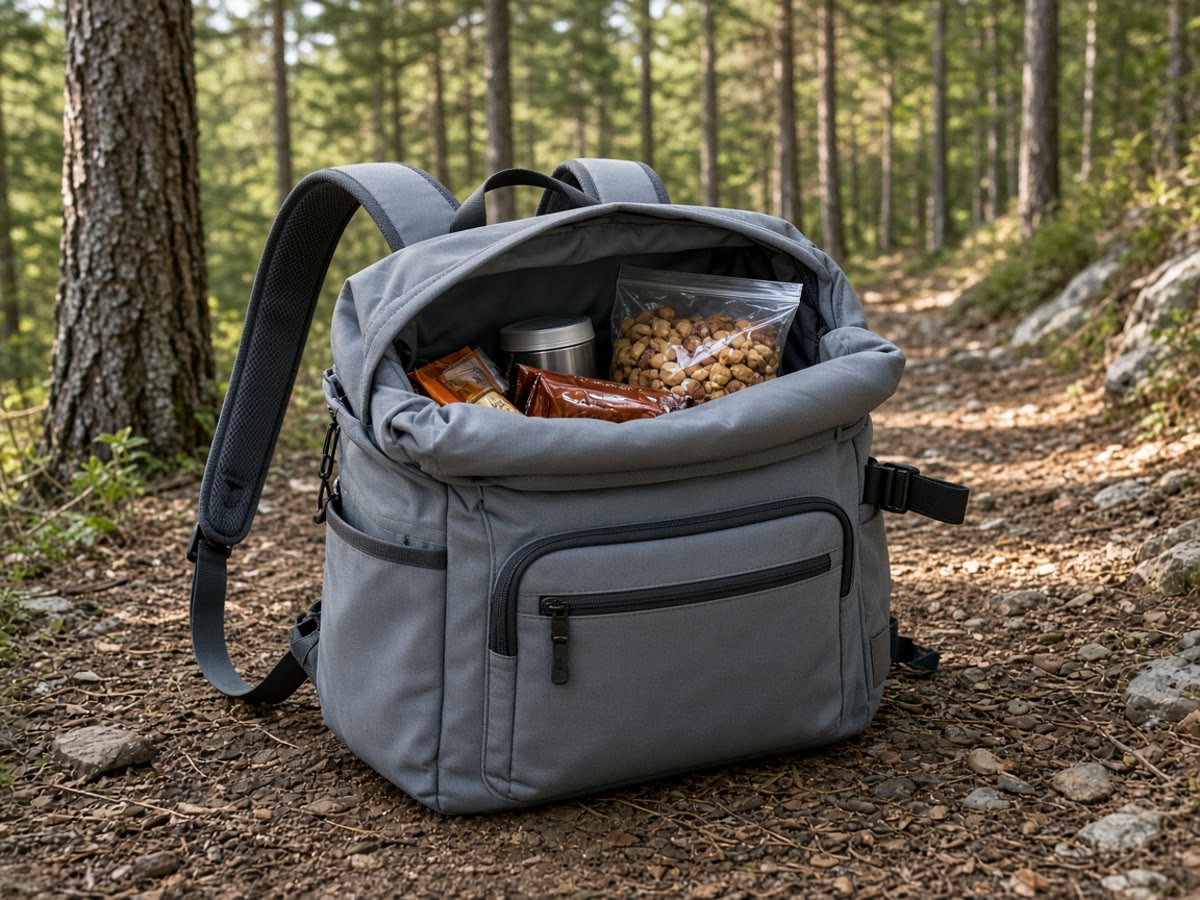 A roll-top backpack cooler on a pine trail. Two straps. Ice you can still lift.