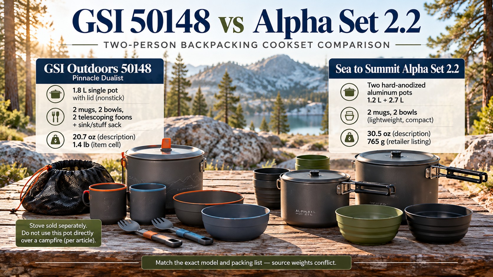 Two cooksets on a table, poster headline GSI 50148 vs Alpha Set 2.2
