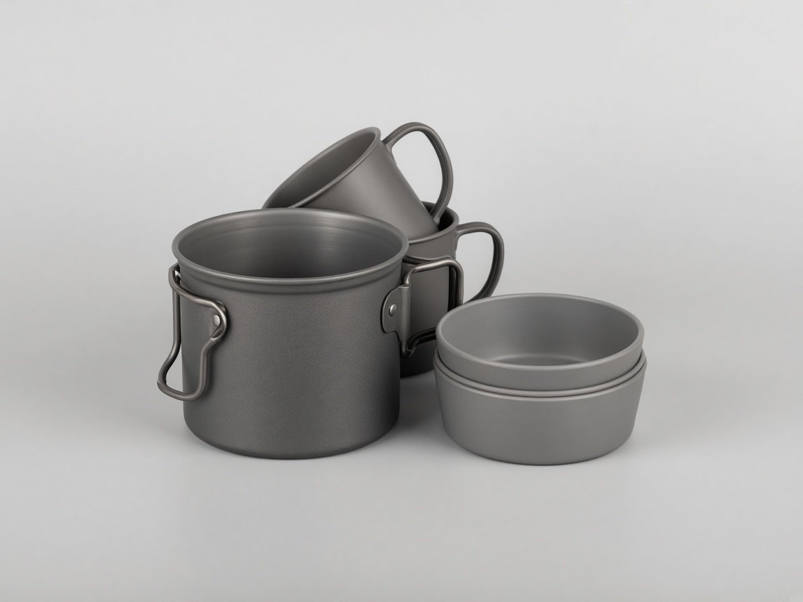 A backpacking cookset with a pot, bowls, and mugs on a plain background