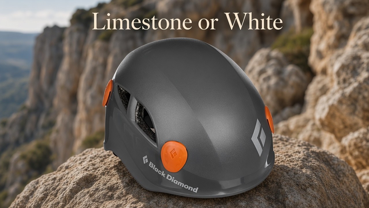 Gray Black Diamond Half Dome climbing helmet on rock, with the headline Limestone or White