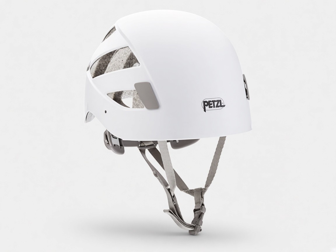 White Petzl climbing helmet with a chin strap and side vents.