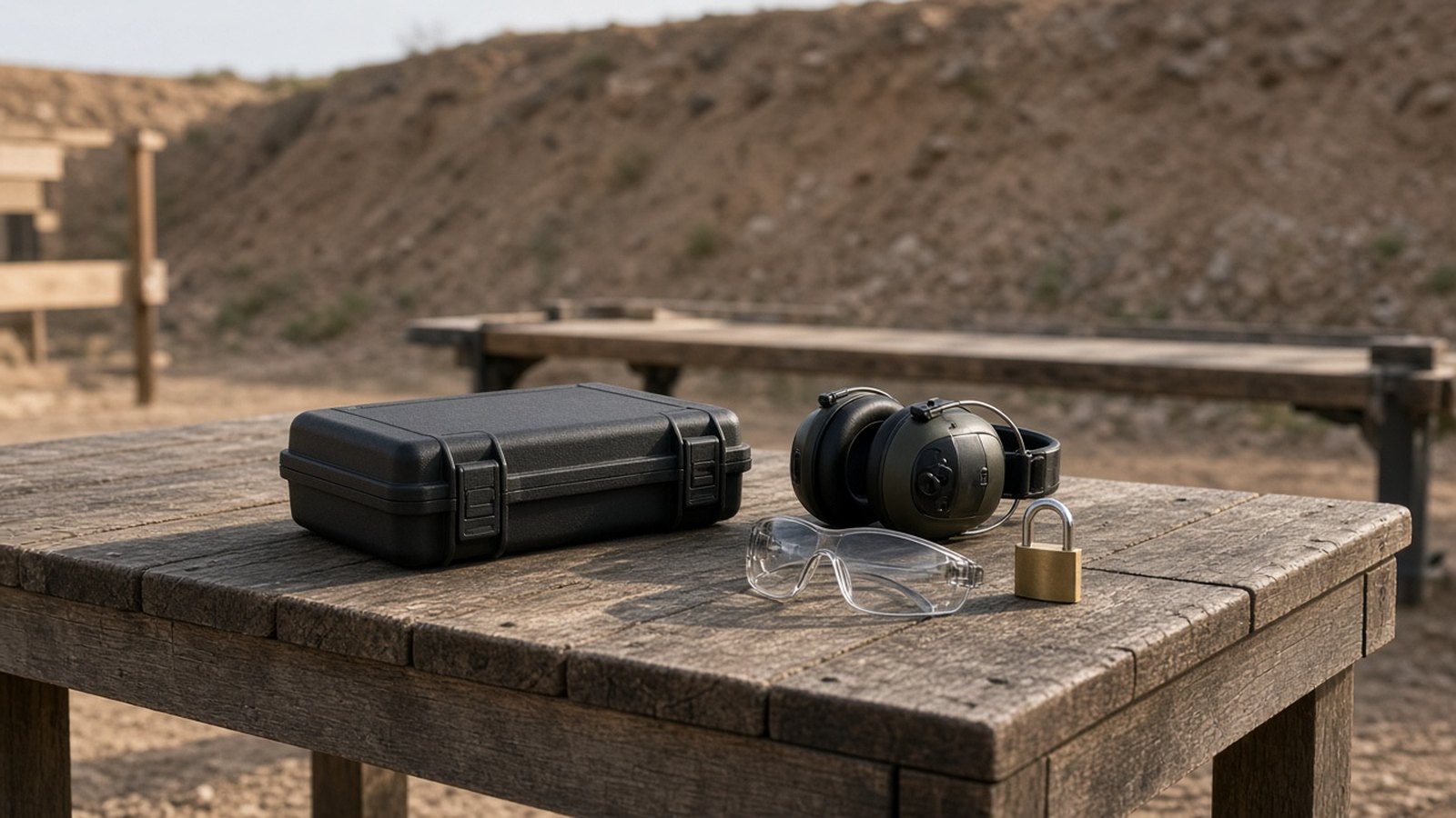 A closed short hard case, electronic muffs, clear glasses, and a padlock on an oak range bench