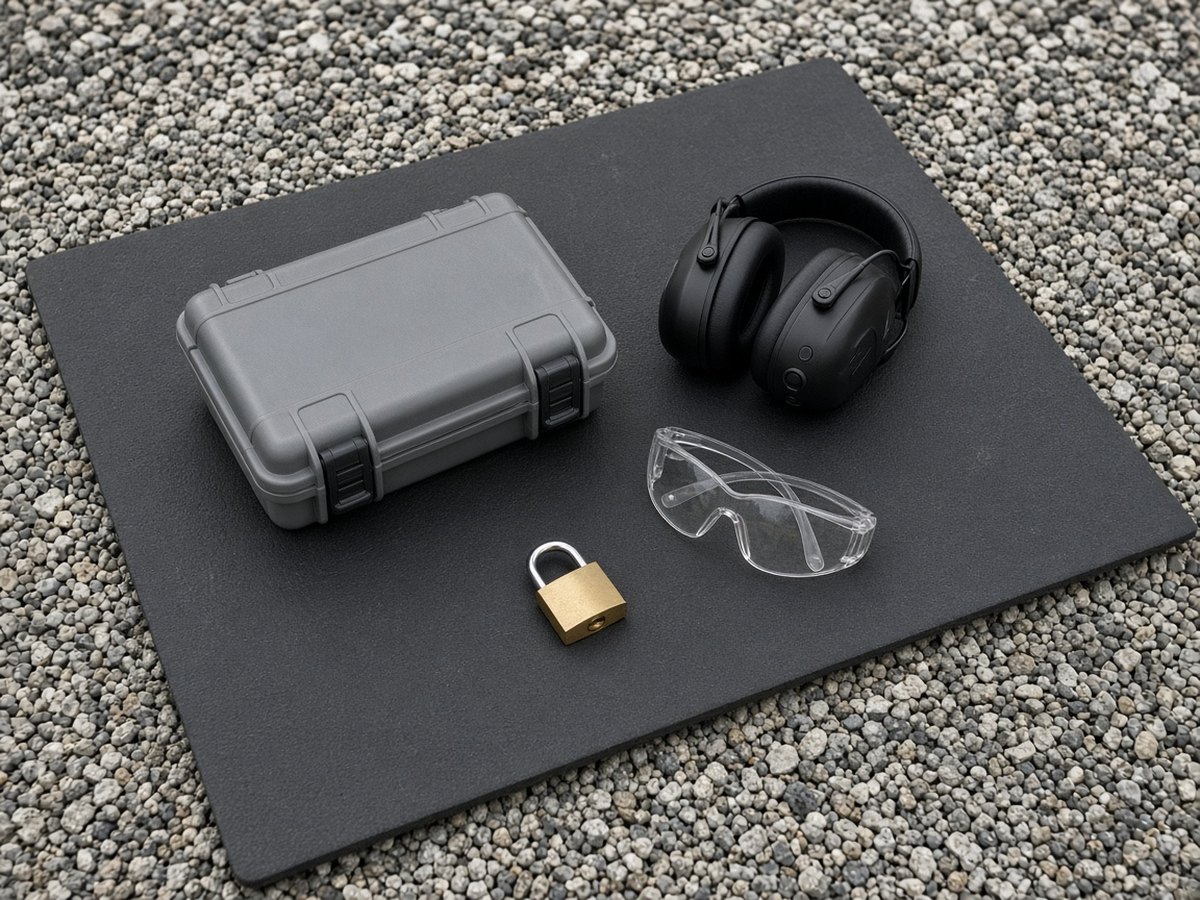 A closed short hard case, electronic muffs, clear glasses, and a padlock on a rubber mat