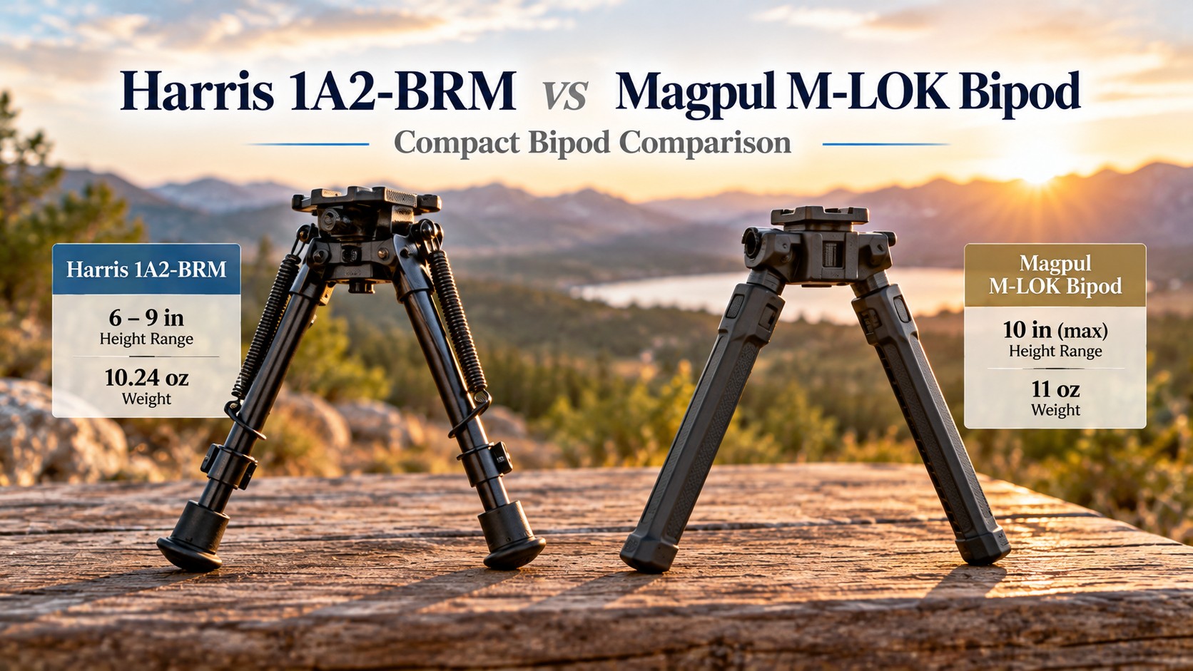 Harris 1A2-BRM and Magpul M-LOK bipod on a bench, magazine cover headline Harris 1A2-BRM vs Magpul M-LOK Bipod