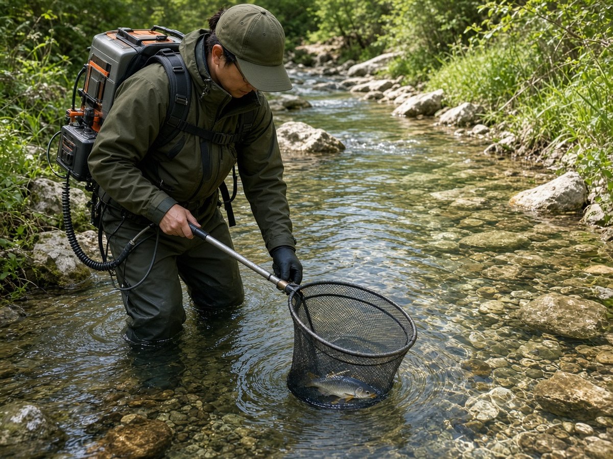 A trained technician sampling fish with a backpack electrofishing unit in a stream. This is a permitted, professional survey technique, not an unregulated recreational fishing method.