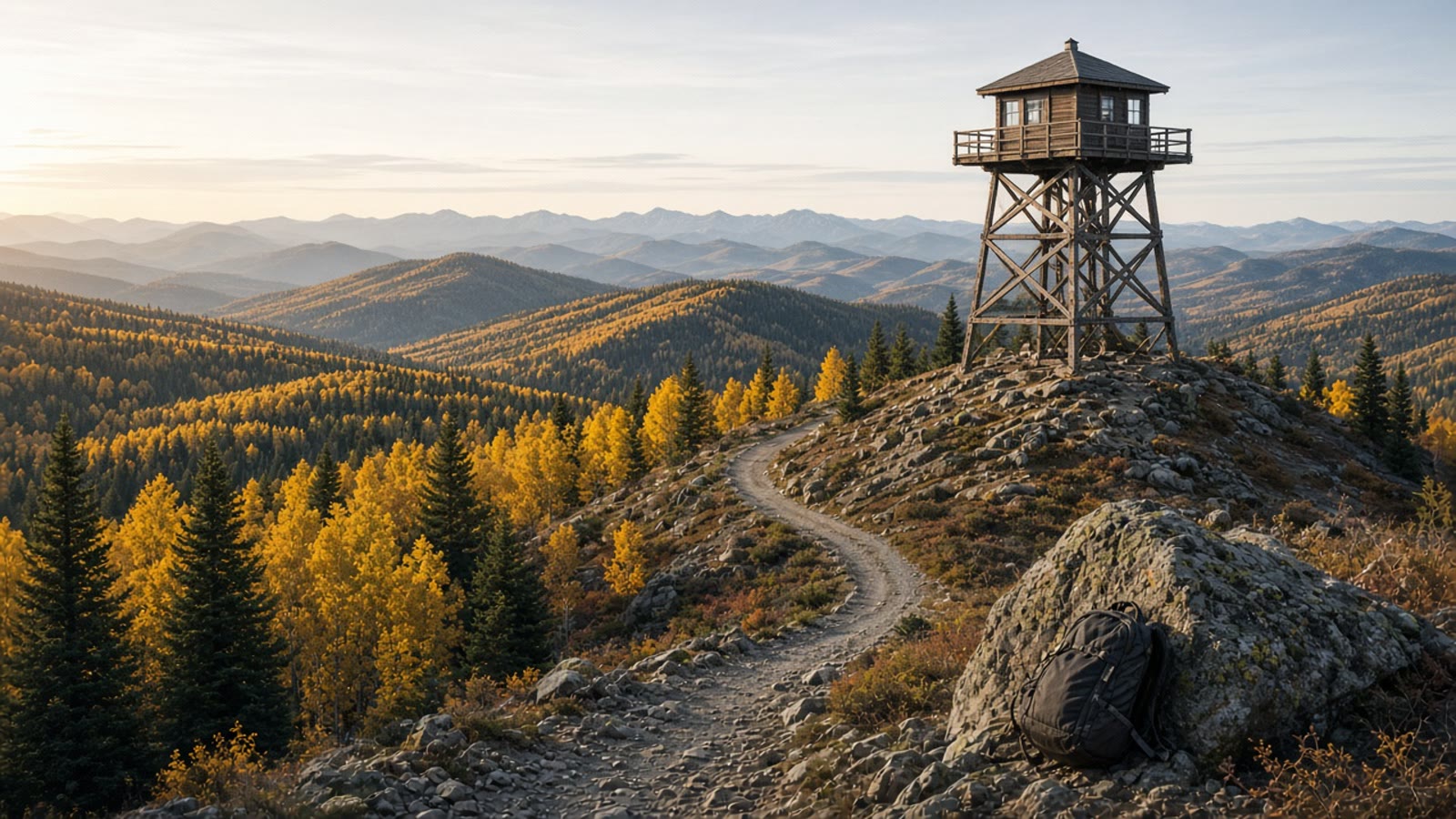 A late-September fire lookout on a western ridge with a daypack on a granite boulder