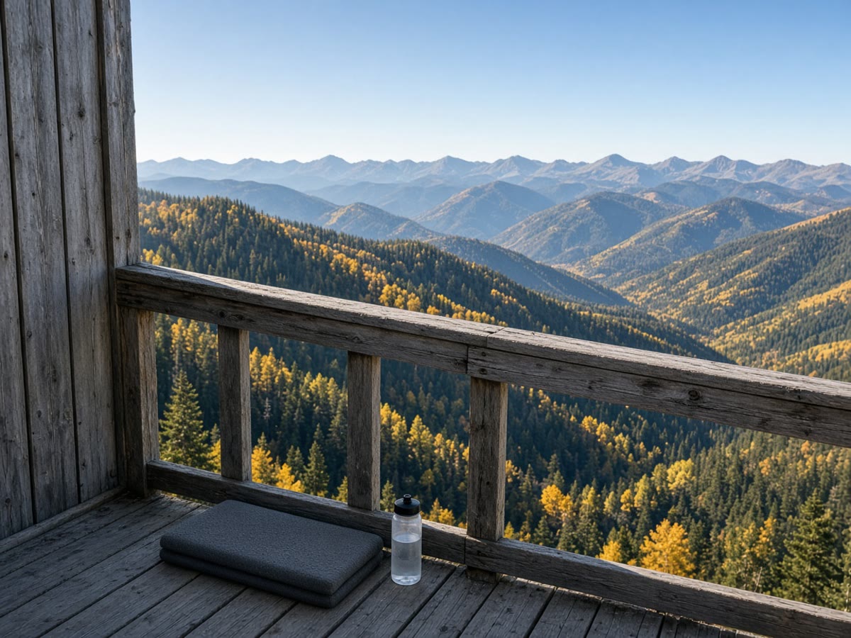 A late-September lookout catwalk. The gate is the hike. The view is the bonus.