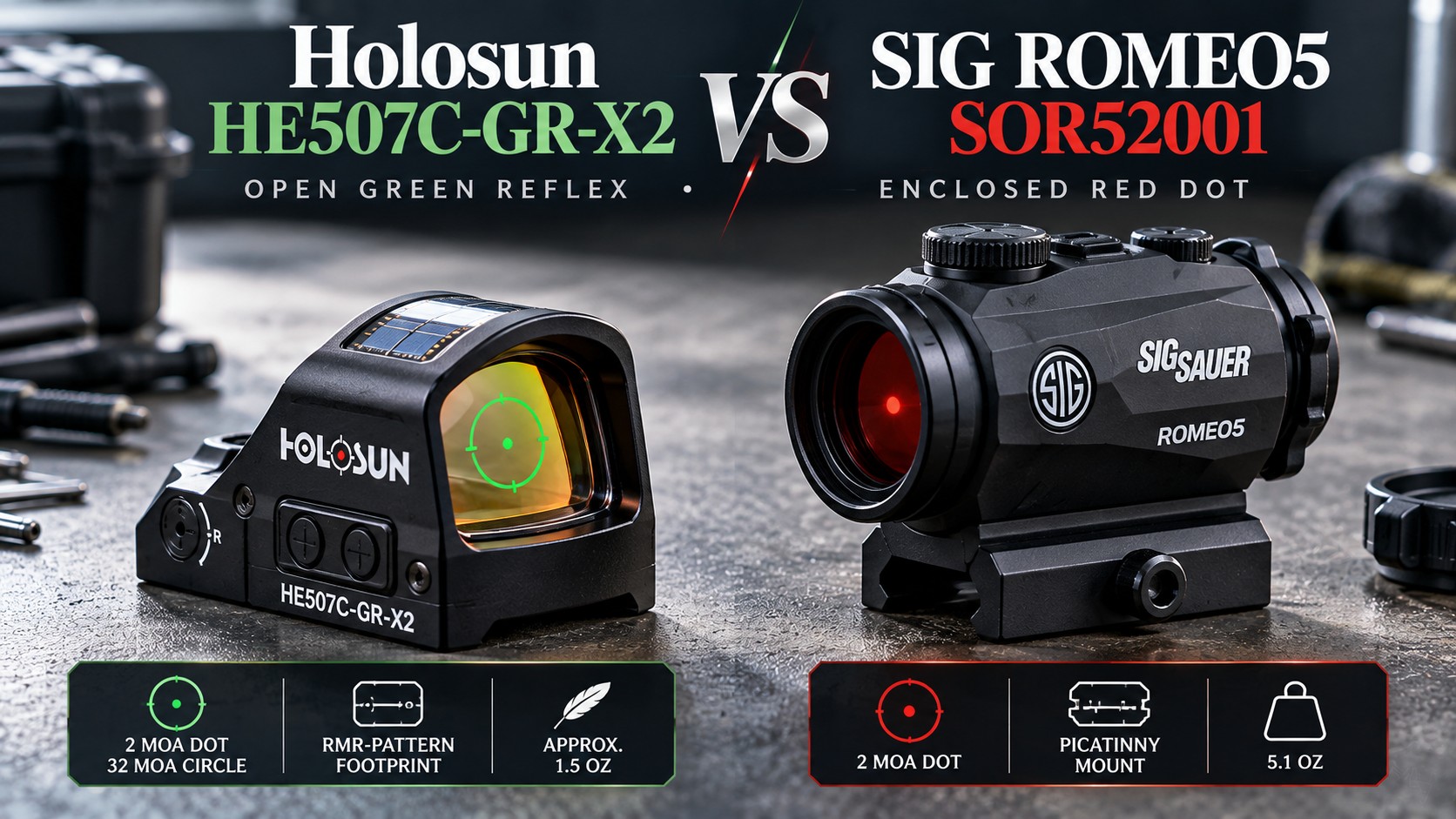 Two red-dot sights, headline Holosun HE507C-GR-X2 vs SIG ROMEO5 SOR52001