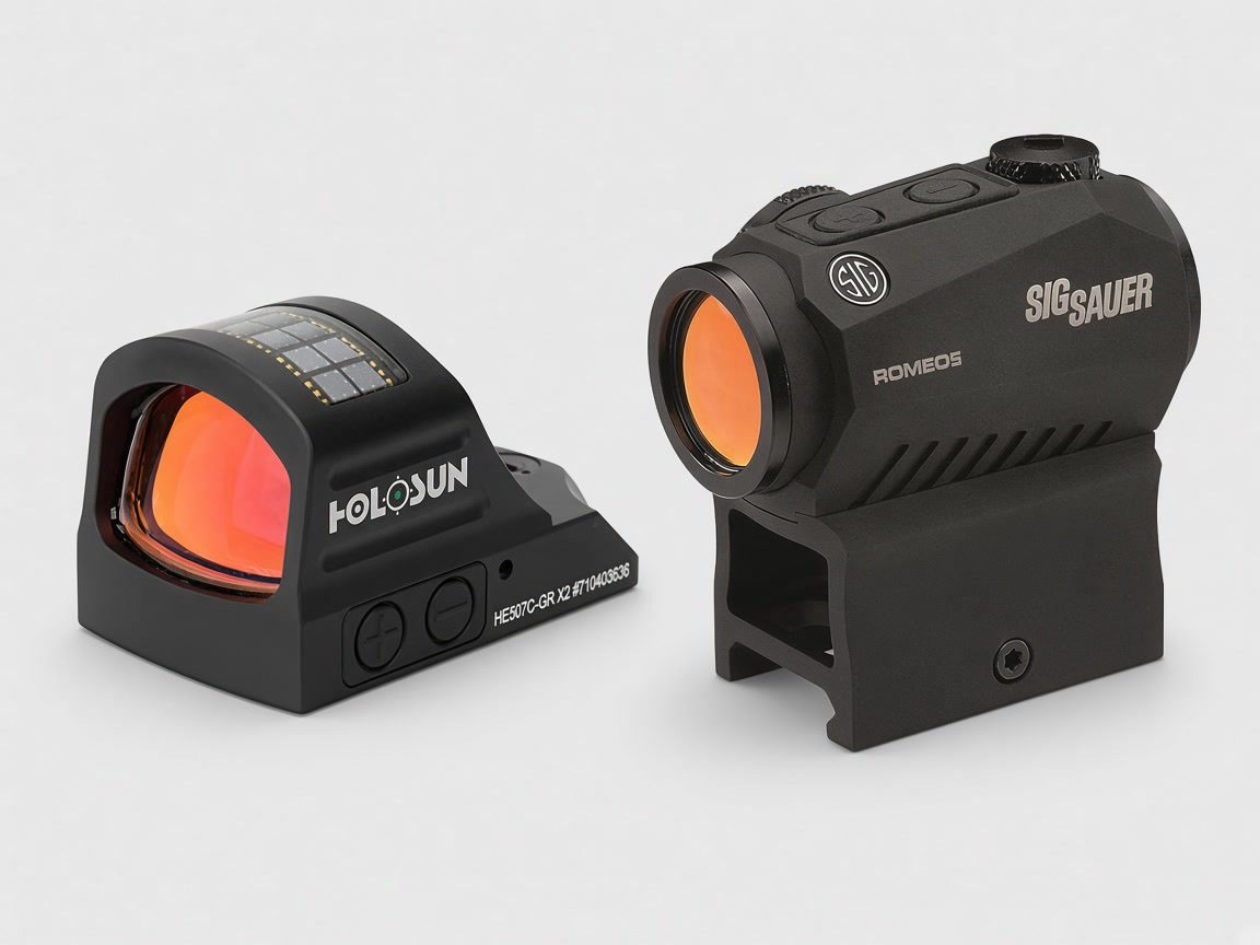 A Holosun open reflex sight and a SIG Romeo5 on a plain background, no firearm