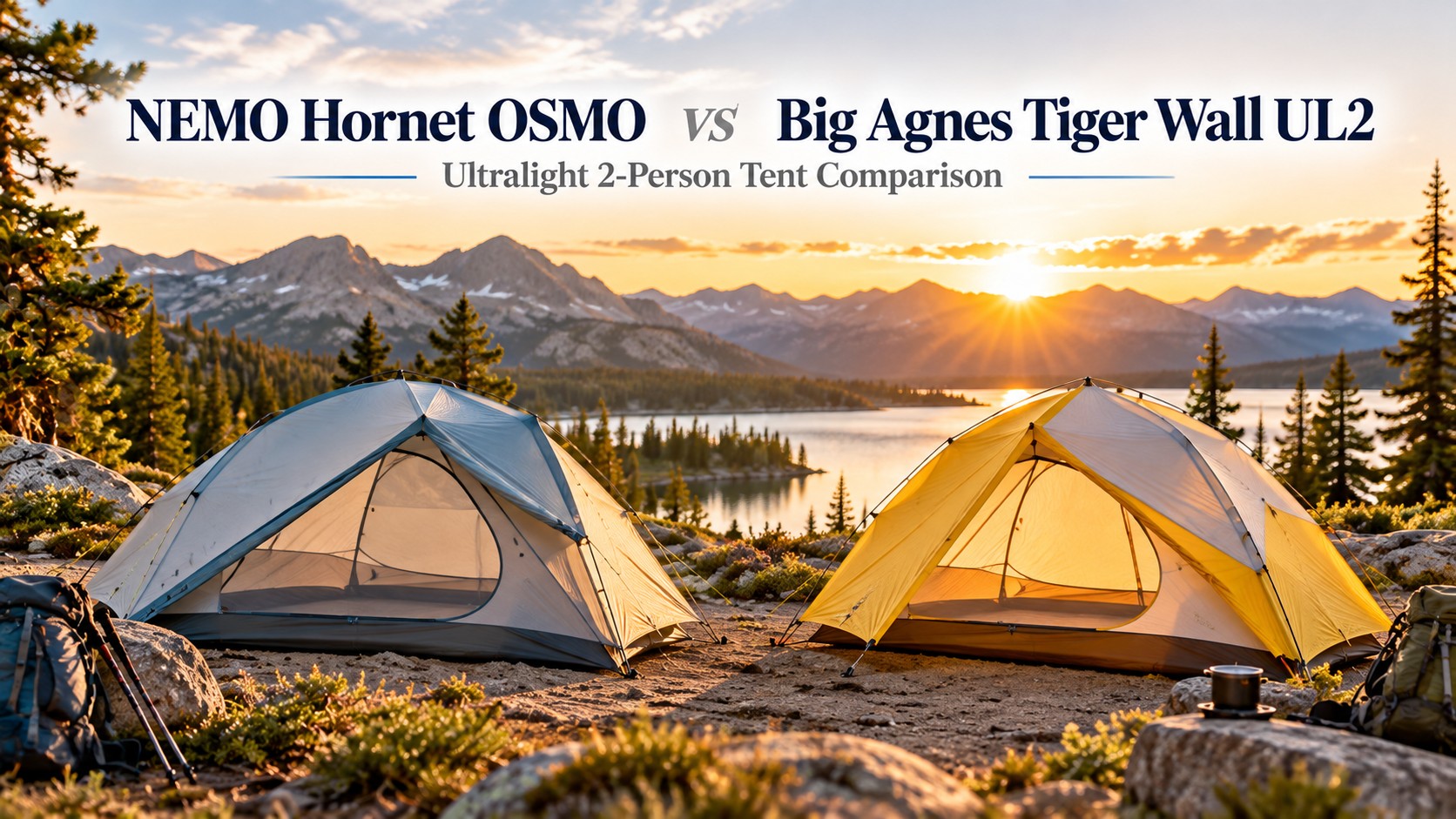 NEMO Hornet OSMO and Big Agnes Tiger Wall UL2 at a mountain lake, magazine cover headline NEMO Hornet OSMO vs Big Agnes Tiger Wall UL2