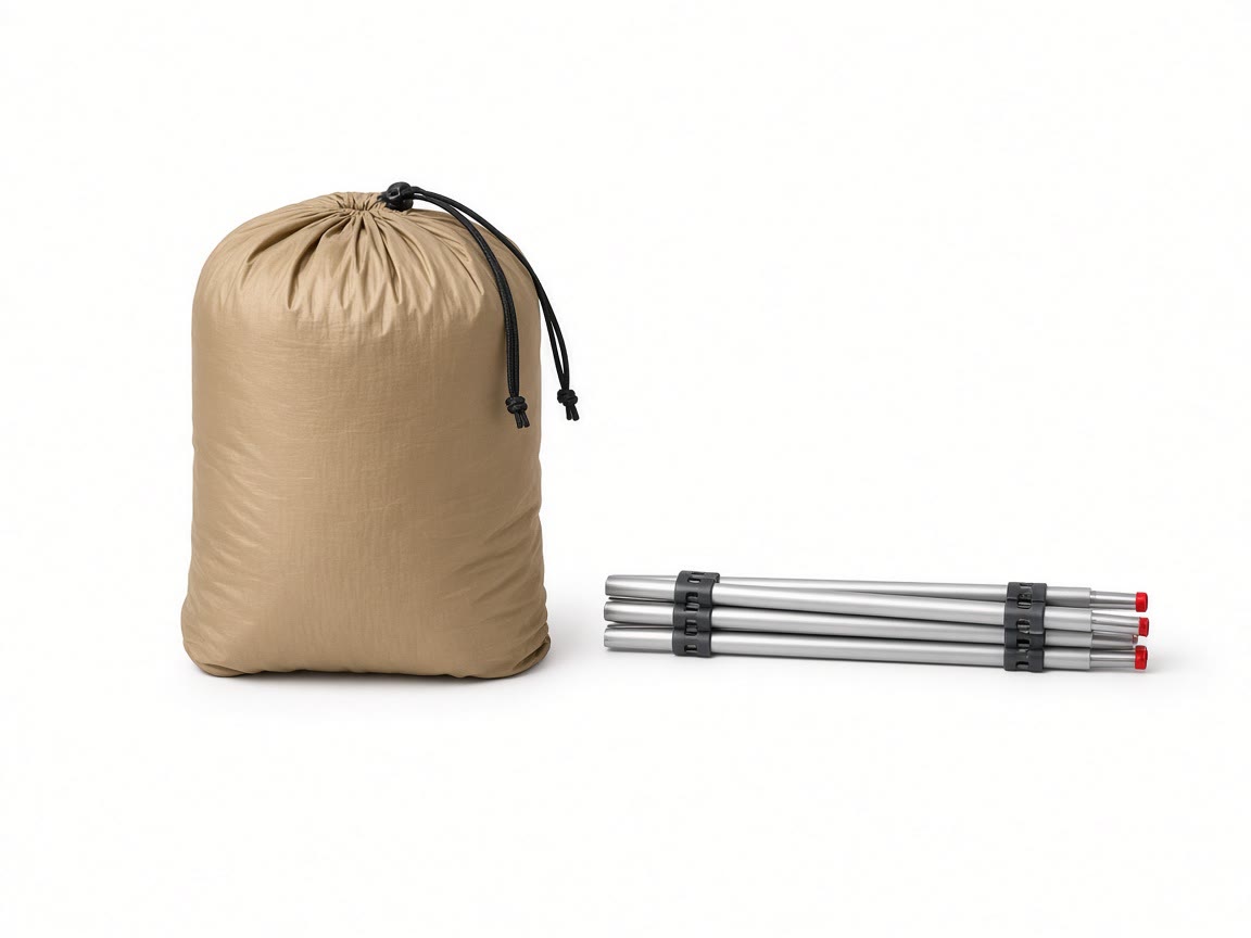 Tan tent stuff sack and a folded pole on a plain background.