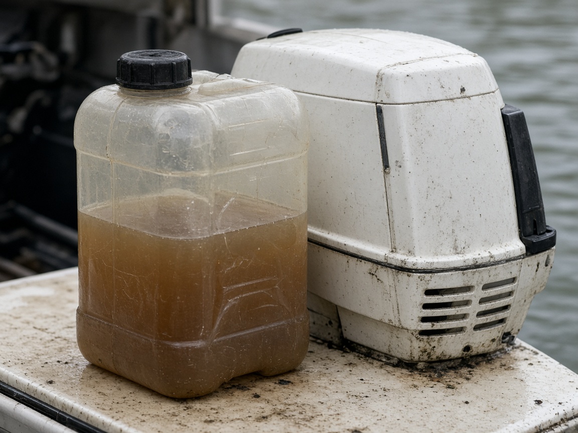 A dated fuel can beside an outboard on a trailer