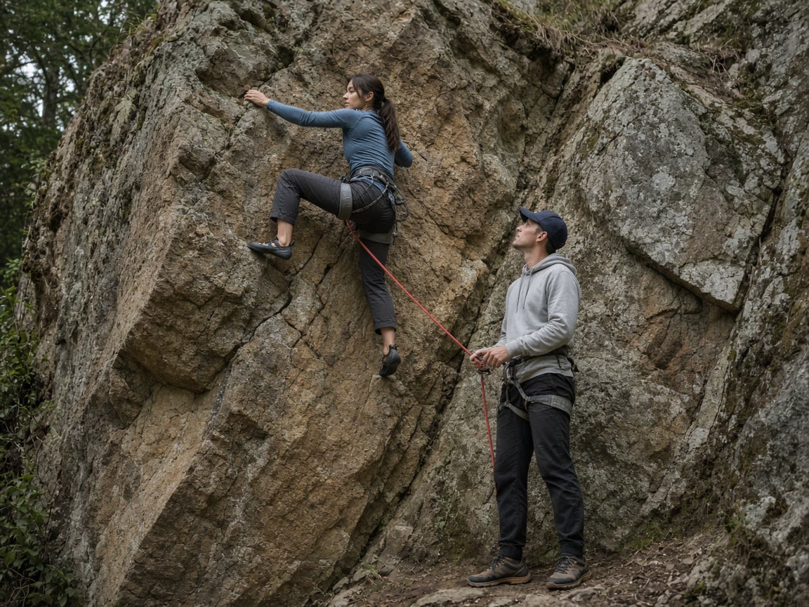 A toprope a few feet up. The height is a job, not a cliff you did not choose.