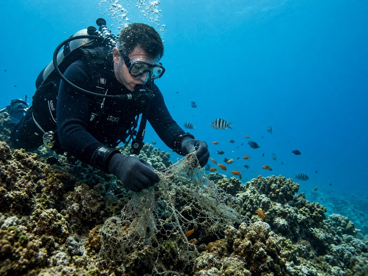 A diver carefully removing tangled fishing net debris from a reef. Real ocean restoration by divers starts with structured programs and disciplined buoyancy, not improvisation.