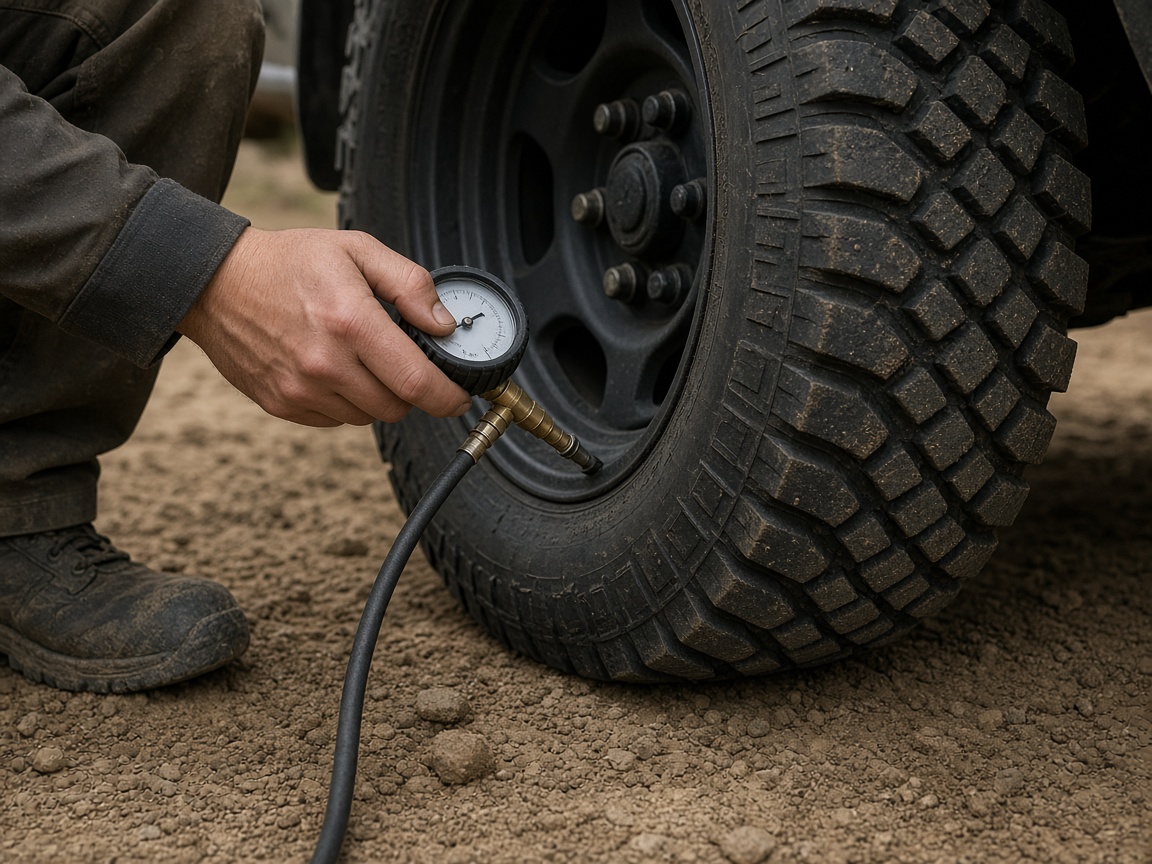 A tire gauge on a dirt-road pickup sidewall