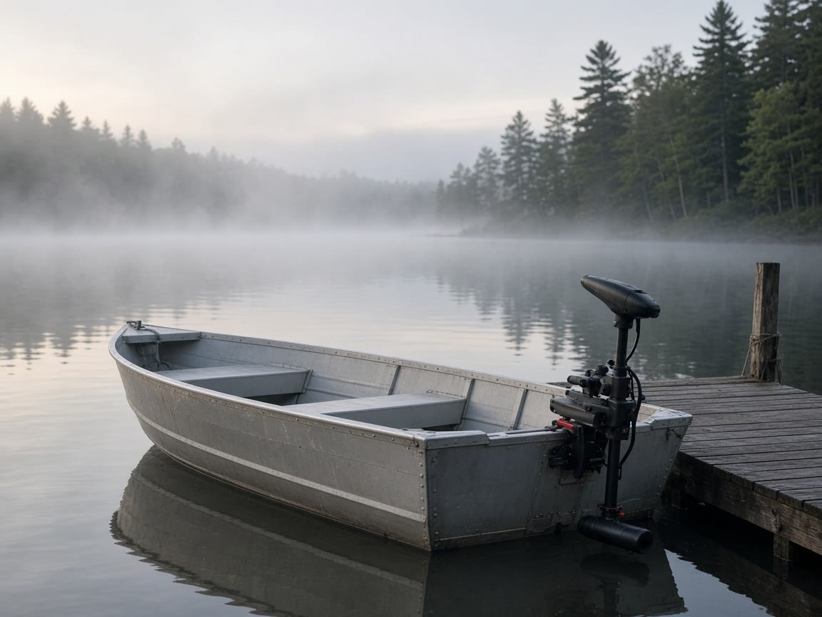 A transom-mount electric motor on a jon at a quiet dock. Thrust, shaft, and a deep-cycle battery.