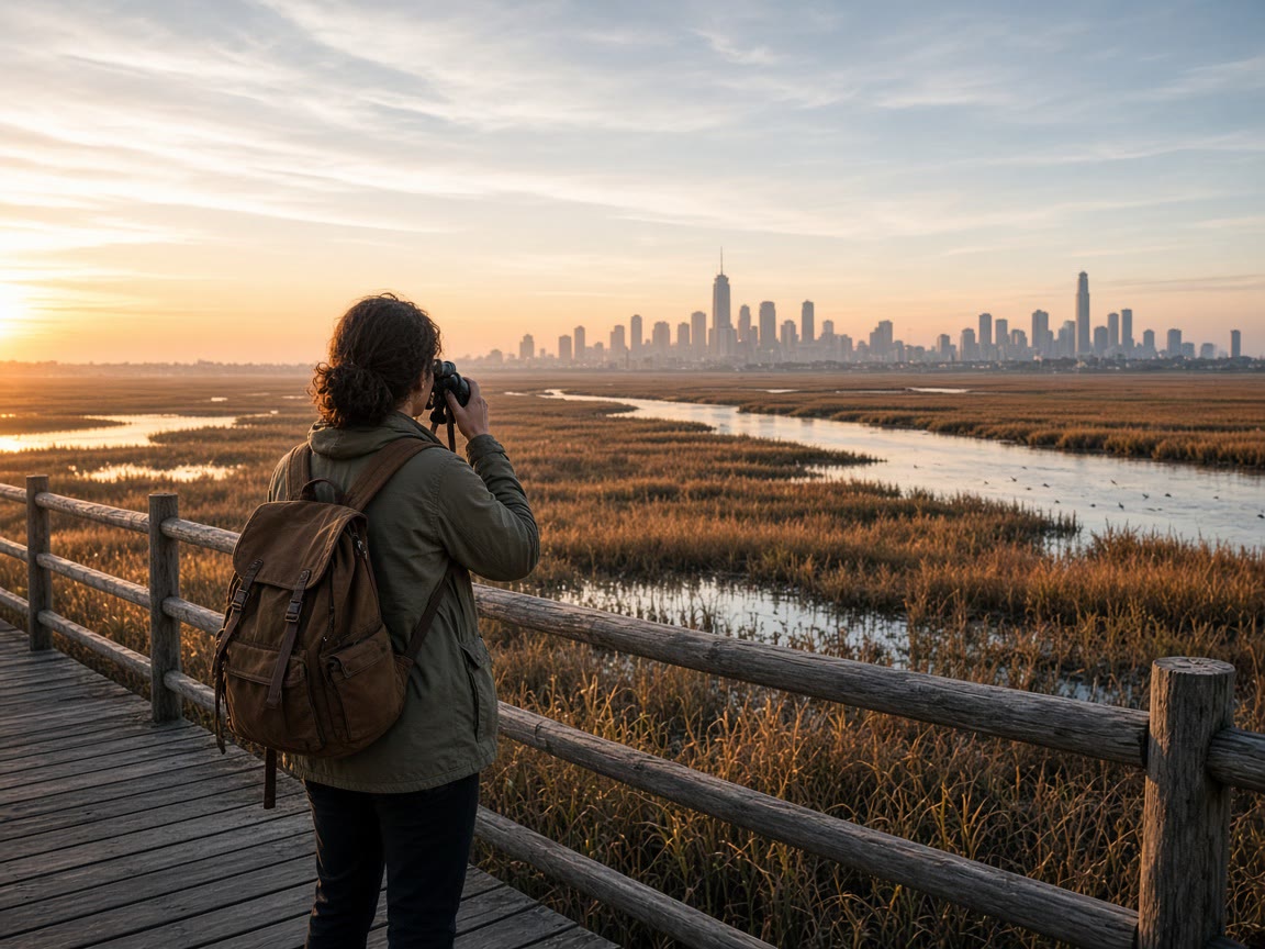 A boardwalk at sunrise and a daypack. The meeting can wait an hour.
