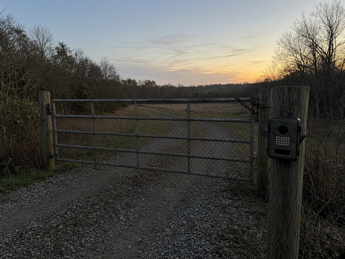 A scouting camera on a lease gate. The viral cabin is not the business.