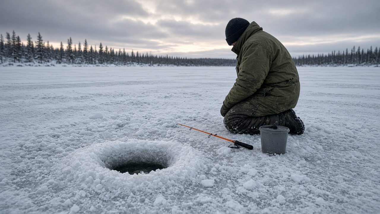 A first ice hole on packed snow, an orange jigging rod, a walk you can still reverse.