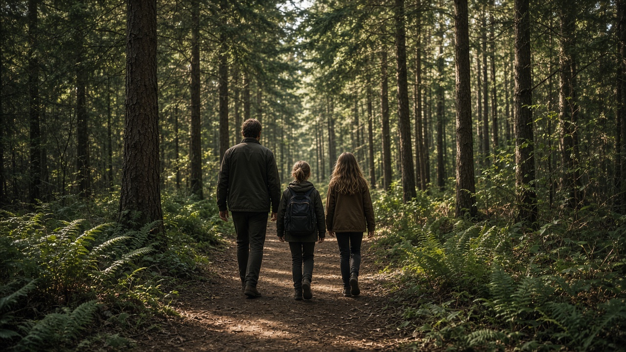 A parent and kids on a pine trail, a daypack a child can zip.
