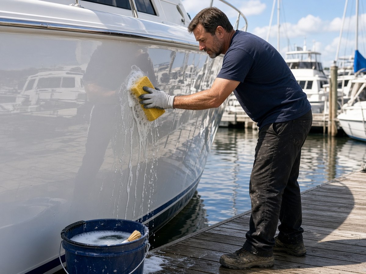 Washing and waxing a boat hull at a marina. Consistent seasonal maintenance, not a single annual overhaul, is what actually keeps a boat in top shape.
