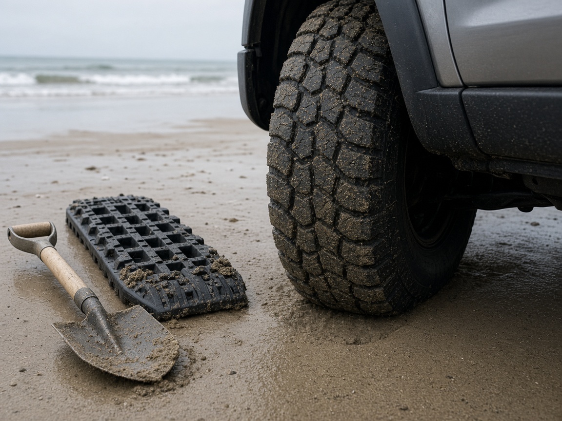 A tire aired down on wet sand. The footprint is the technique.