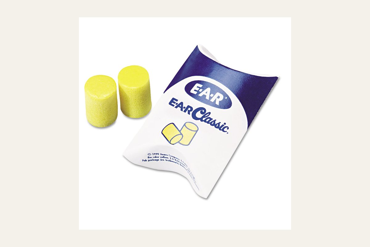 Yellow 3M E-A-R Classic foam earplugs, model 310-1001, with no firearm in the frame.