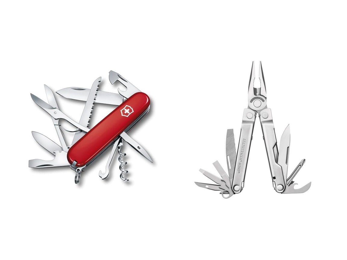 A Victorinox Huntsman and a Leatherman Bond on a plain background