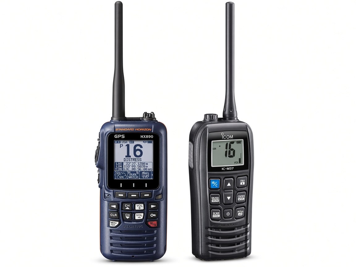 A Standard Horizon HX890 handheld VHF and an Icom IC-M37 handheld VHF on a plain background
