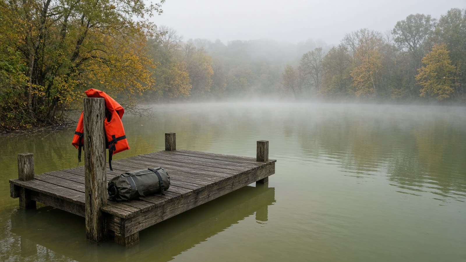 A quiet Tuesday cove with turnover water, a life jacket on a dock piling, and gold shoreline