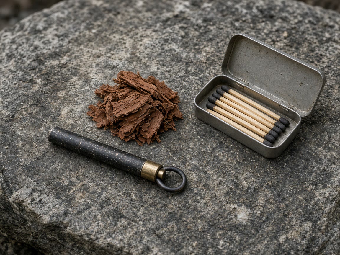 A ferro rod, tinder tabs, and a tin of matches on a rock. Practice at home. Obey the ban.